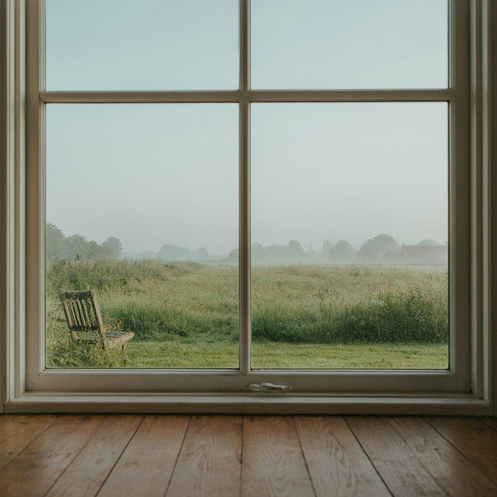 Uitzicht vanuit een woonkamer in Vriezenveen door een kunststof raam op een groene tuin met bomen