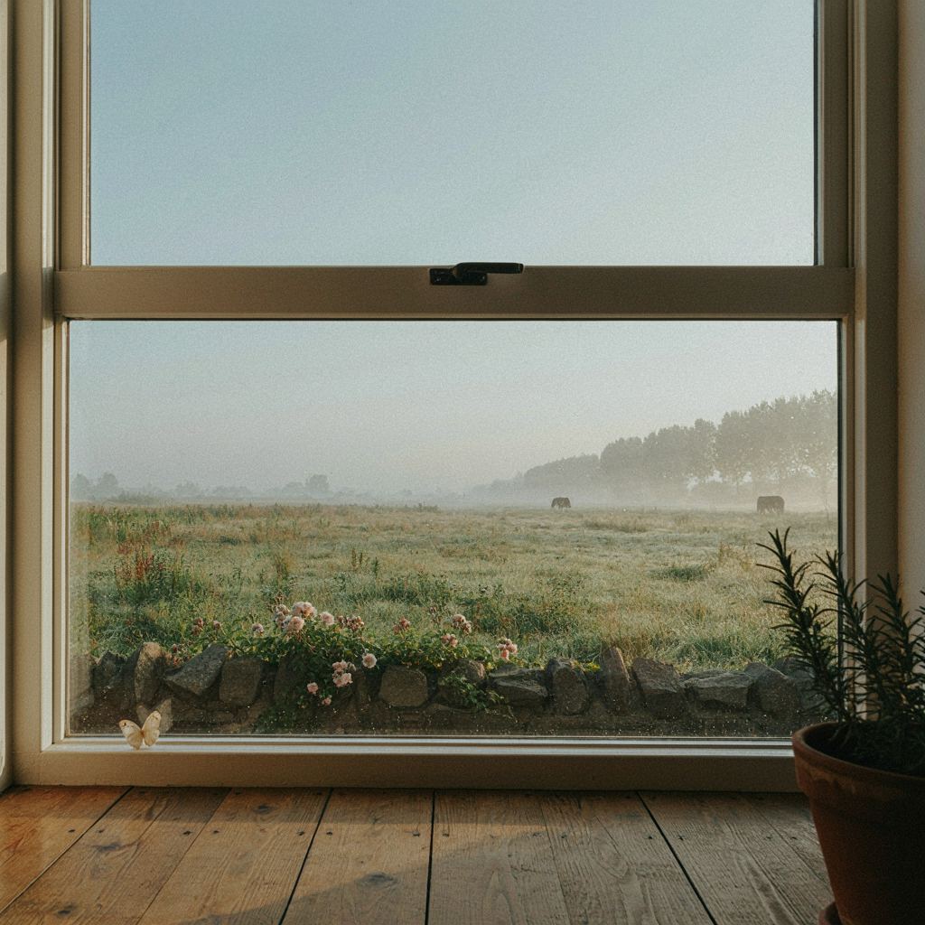 Zicht vanuit een Tubbergse jaren 70 woning door een kunststof raam op een groene achtertuin met eikenbomen