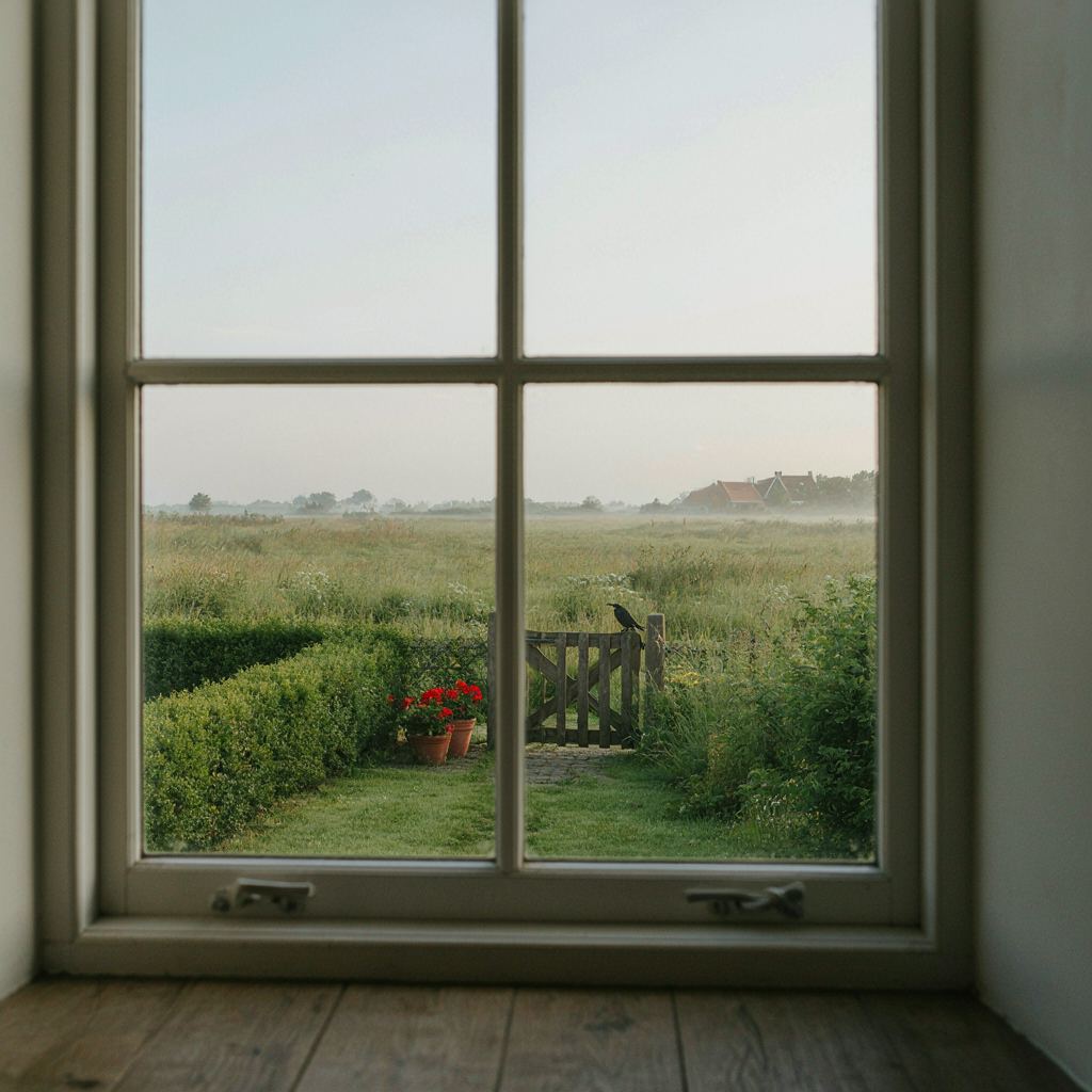 Zicht naar buiten door een groot kunststof raam in een woning te Delden op een onderhouden tuin met bomen