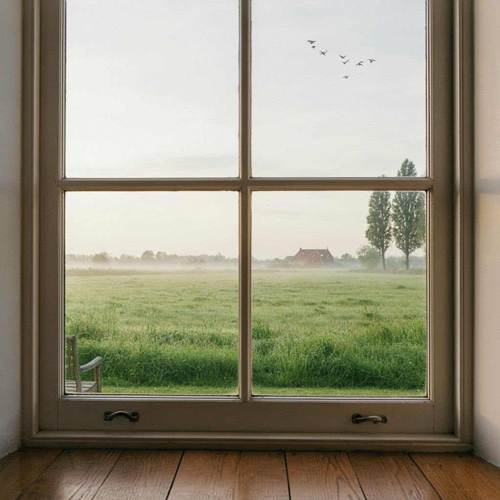 Helder uitzicht vanuit een serre in Raalte door een schuifpui van kunststof op een onderhouden tuin met vijver