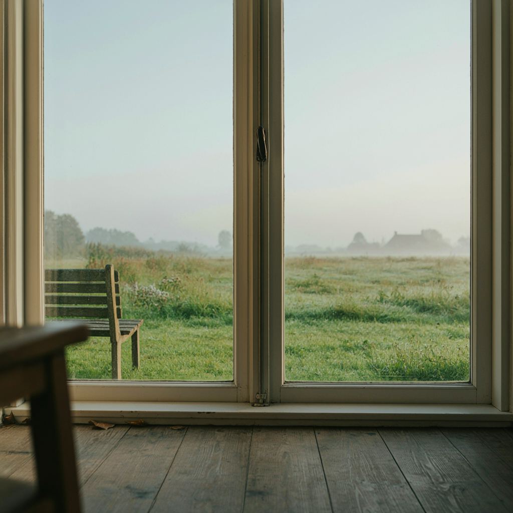 Uitzicht vanuit een woonkamer in Den Ham door een kunststof raam op een landelijke tuin met weiland