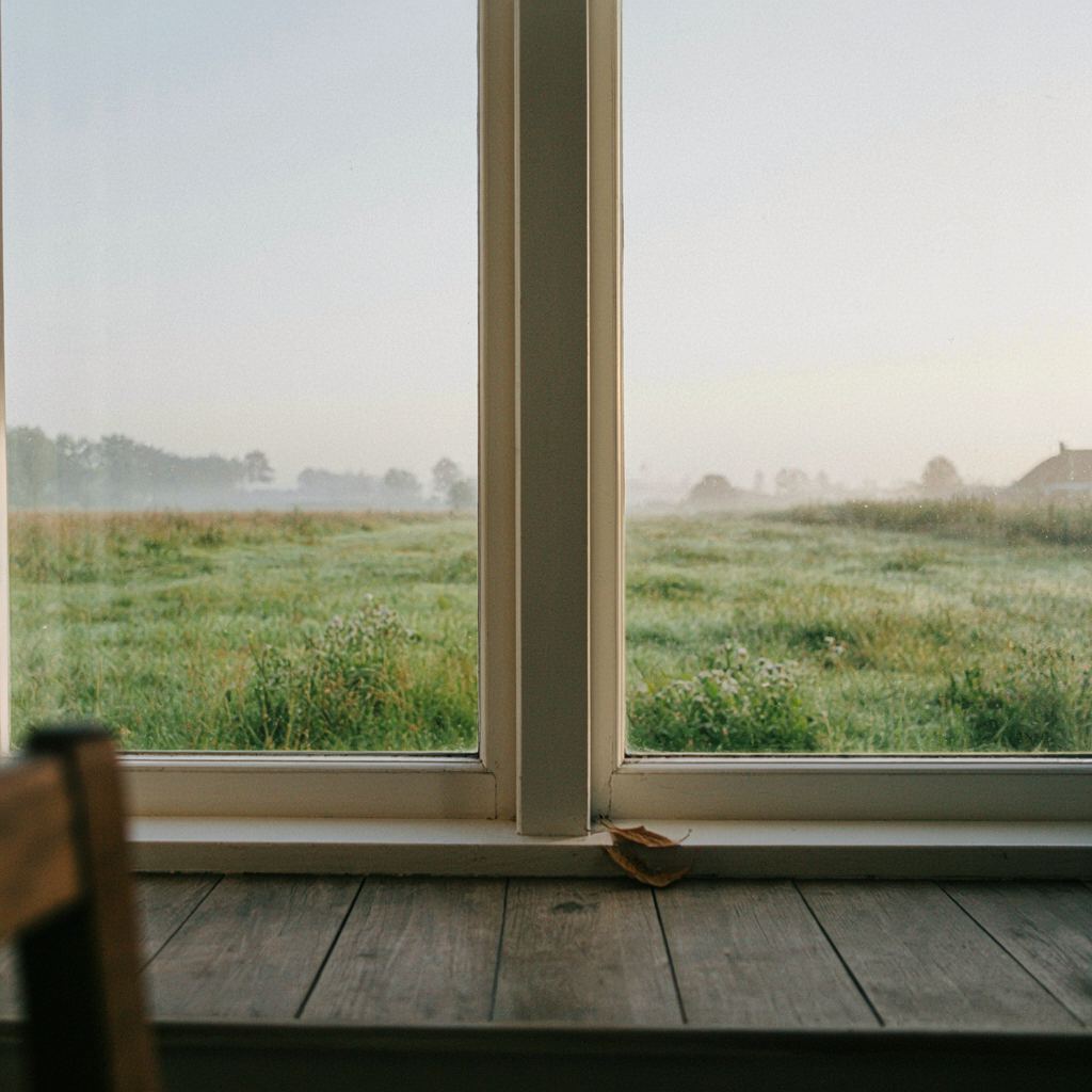 Zicht vanuit een woonkamer in Holten door een kunststof raam op een groene tuin met bomen