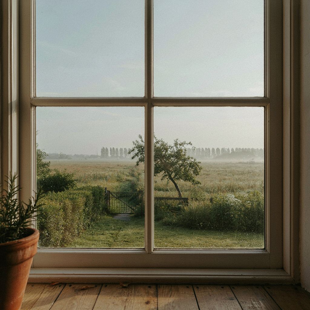 Zicht naar buiten door een groot kunststof raam op een groene tuin en volkstuinen aan de rand van Rijssen