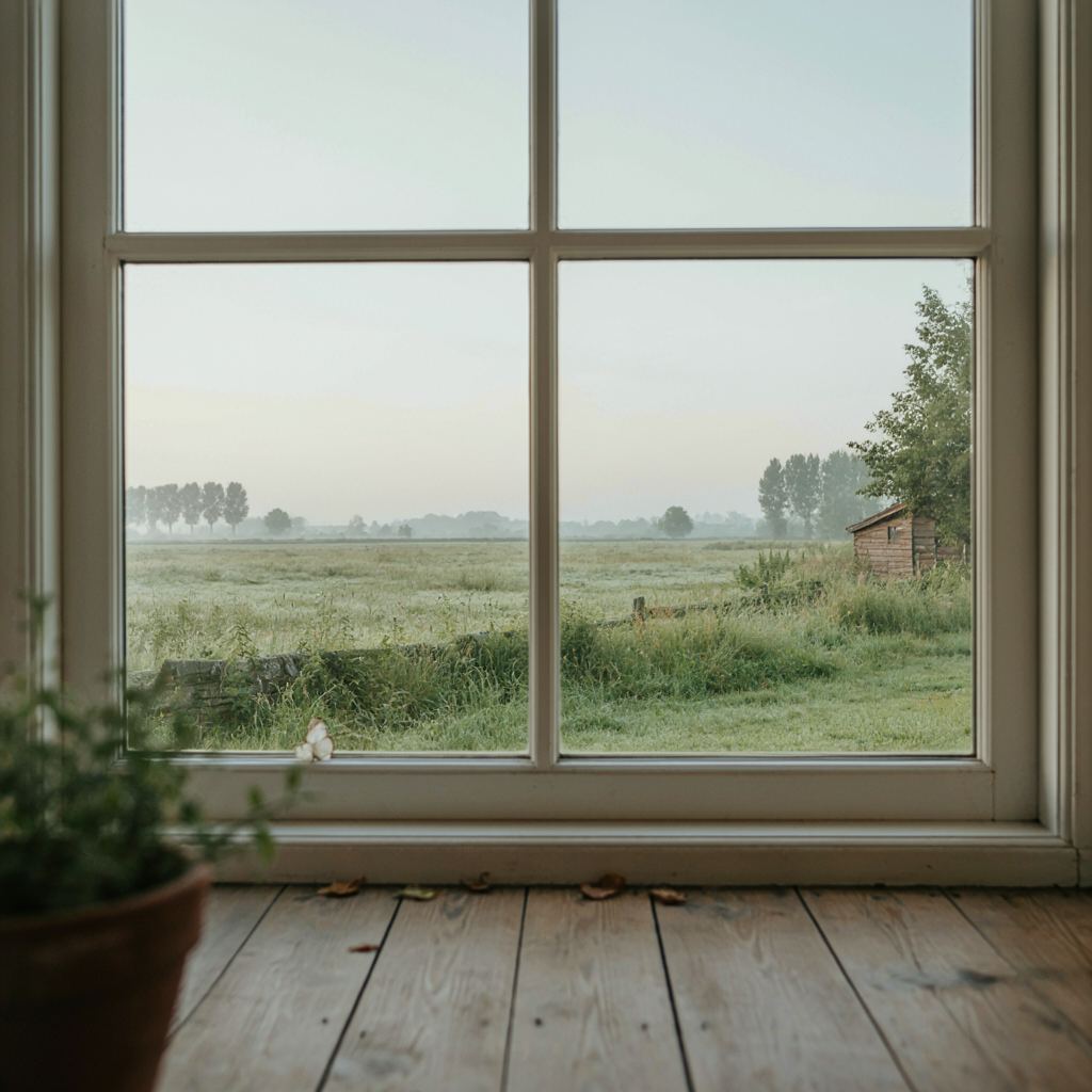 Licht interieur van een boerderij in Bathmen kijkend door een groot kunststof raam over het Sallandse landschap