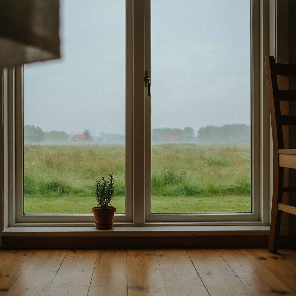 Uitzicht vanuit een woonkamer in Hellendoorn door een kunststof raam op een landelijke tuin met weiland