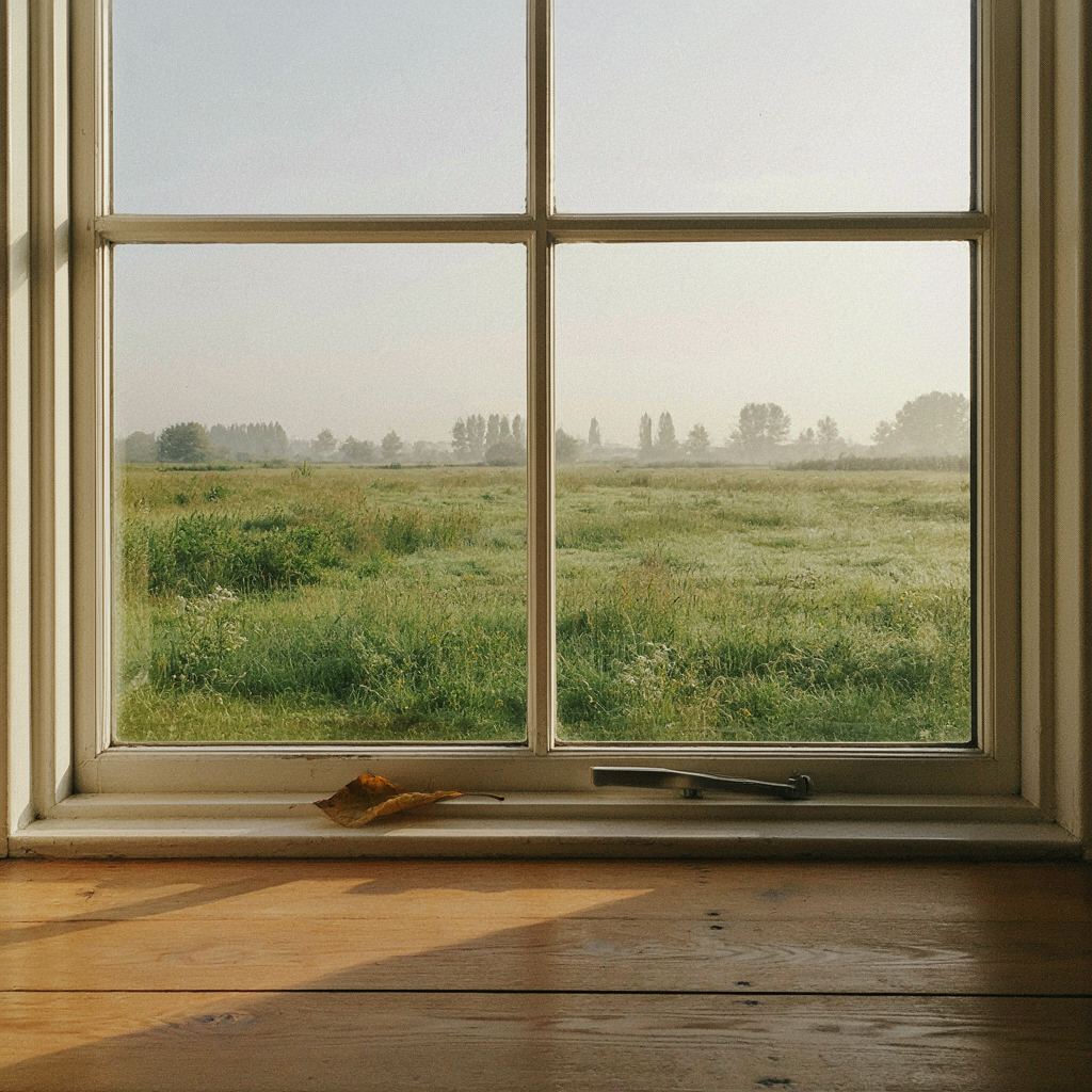 Uitzicht vanuit een woonkamer in Enter door een kunststof raam op een landelijke tuin met weiland