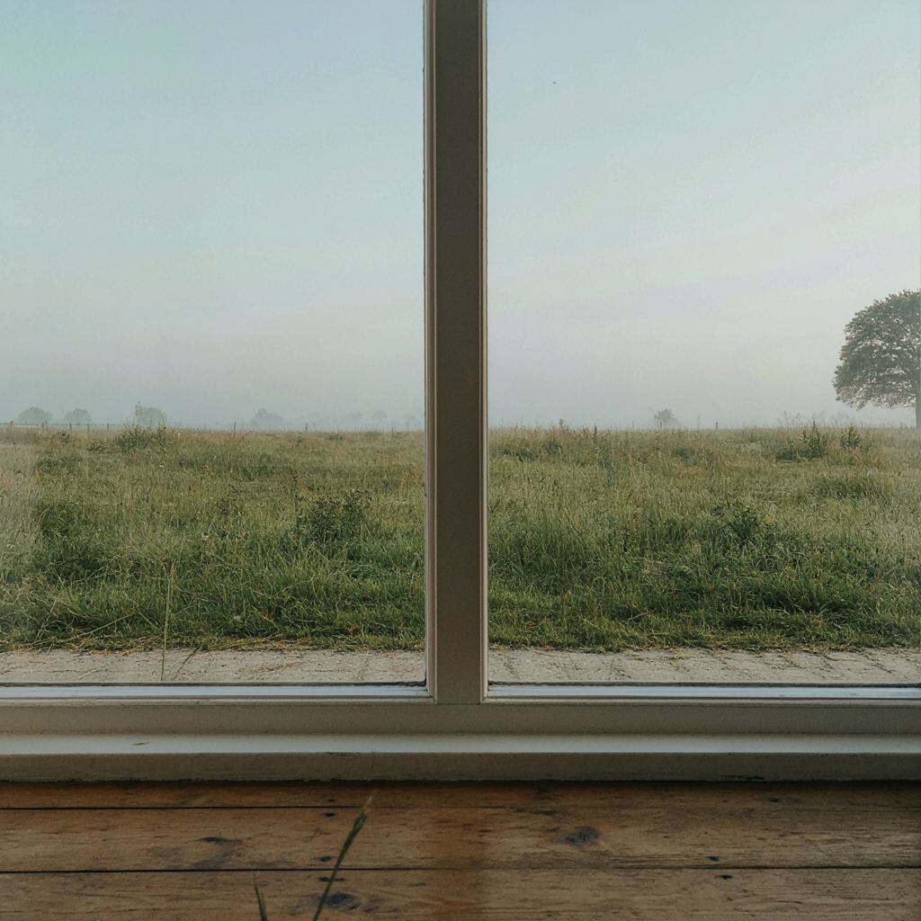 Uitzicht vanuit een woonkamer in Almelo door een kunststof raam op een onderhoudsvrije achtertuin