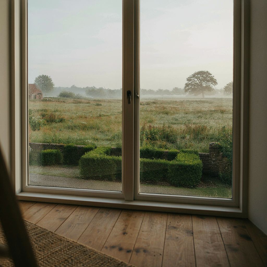 Zicht vanuit een moderne woonkamer in Heino via een groot kunststof raam op een onderhouden tuin met terras