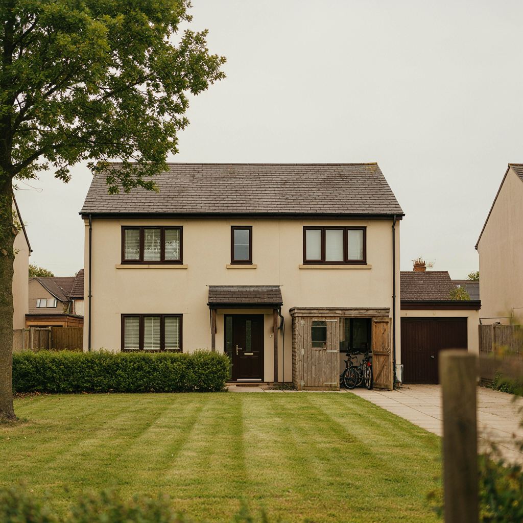 Compact vrijstaand huis uit de jaren 90 met donkerbruine kunststof kozijnen in een wijk bij Enter
