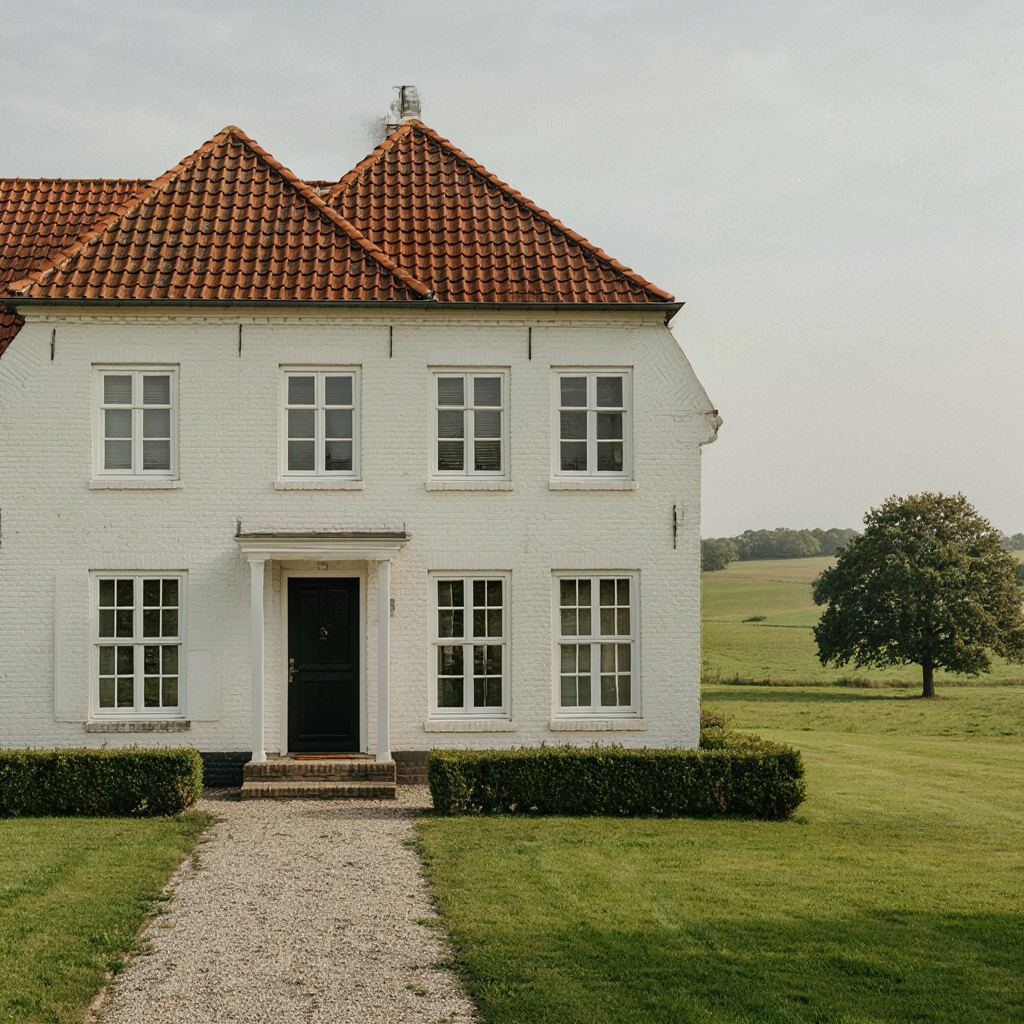 Karakteristiek vrijstaand huis in Wierden met witte kunststof kozijnen en een groene landelijke omgeving
