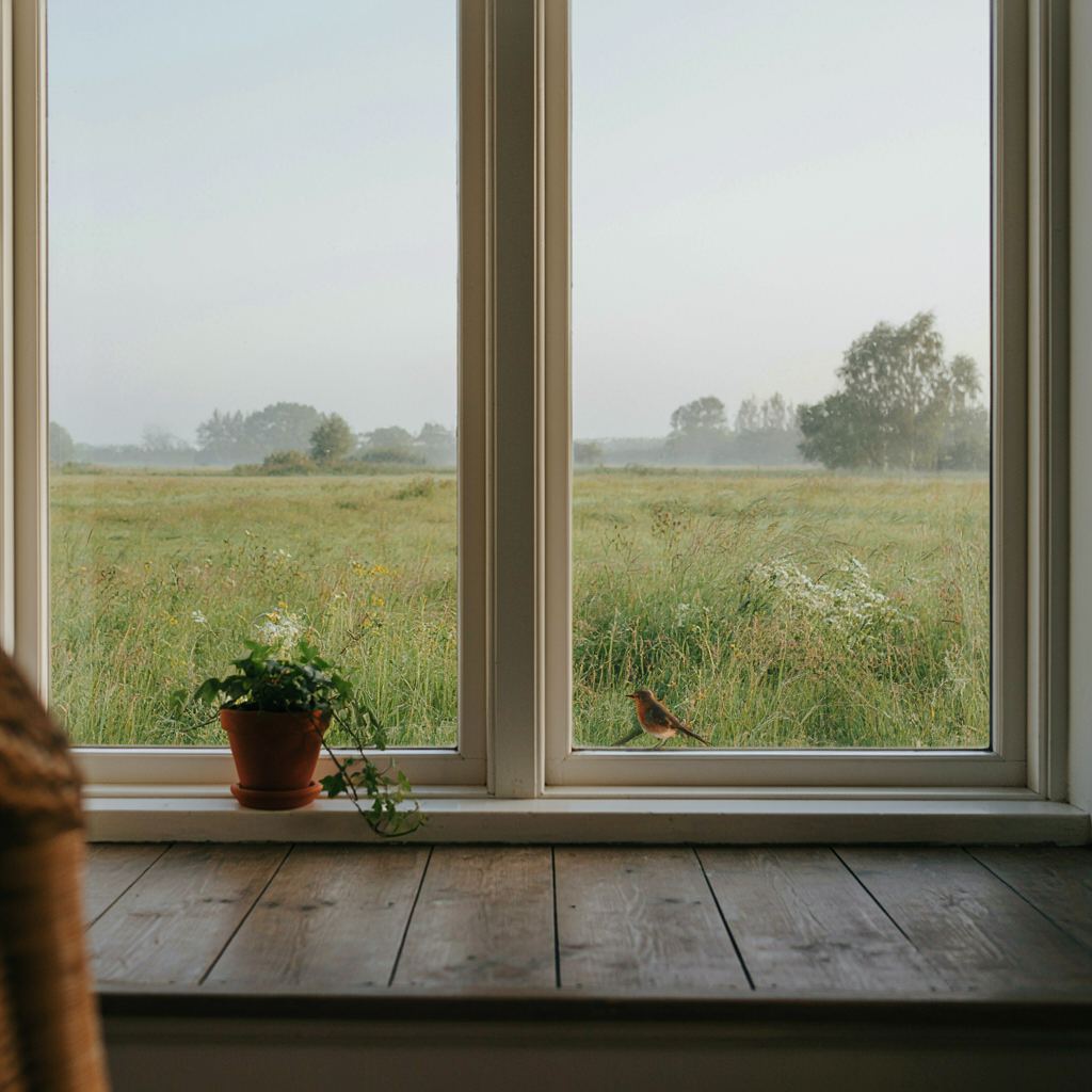 Uitzicht vanuit een woonkamer in Goor door een kunststof raam op een groene tuin met een houten schuur
